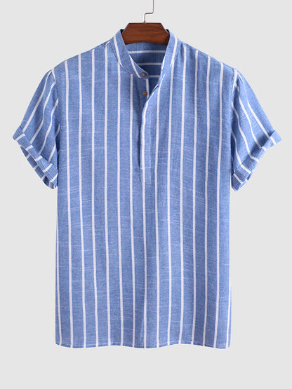Men's Cotton Linen Striped Mandarin Collar Half Button Shirt  Casual Shorts Set