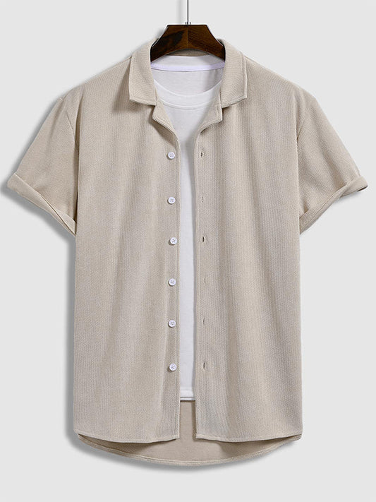 Men's Corduroy Cuban Collar Solid Color Short Sleeve Shirt