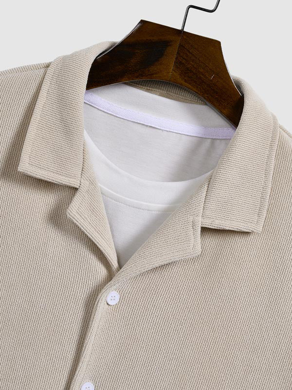 Men's Corduroy Cuban Collar Solid Color Short Sleeve Shirt