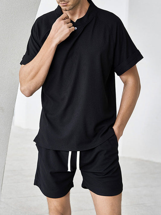 Men's Chinese style waffle stand collar polo shorts set