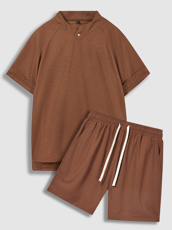 Men's Chinese style waffle stand collar polo shorts set