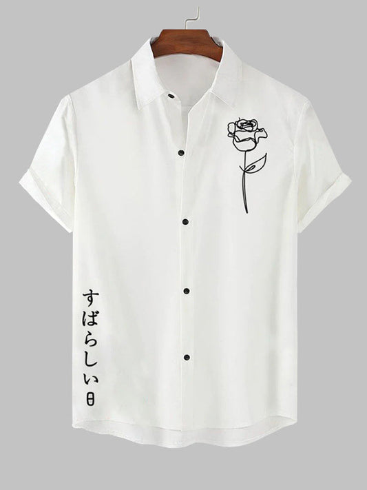 Men's Japanese rose print casual short-sleeved shirt